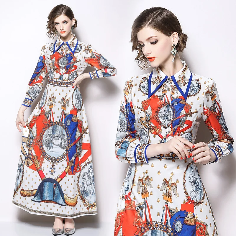 

European Station Retro-printed Lapel Front Cardigan Single-row Button Dress