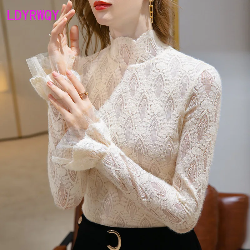 

Turtleneck lace bottoming shirt women's 2021 autumn and winter new style long-sleeved t-shirt fashion mesh top