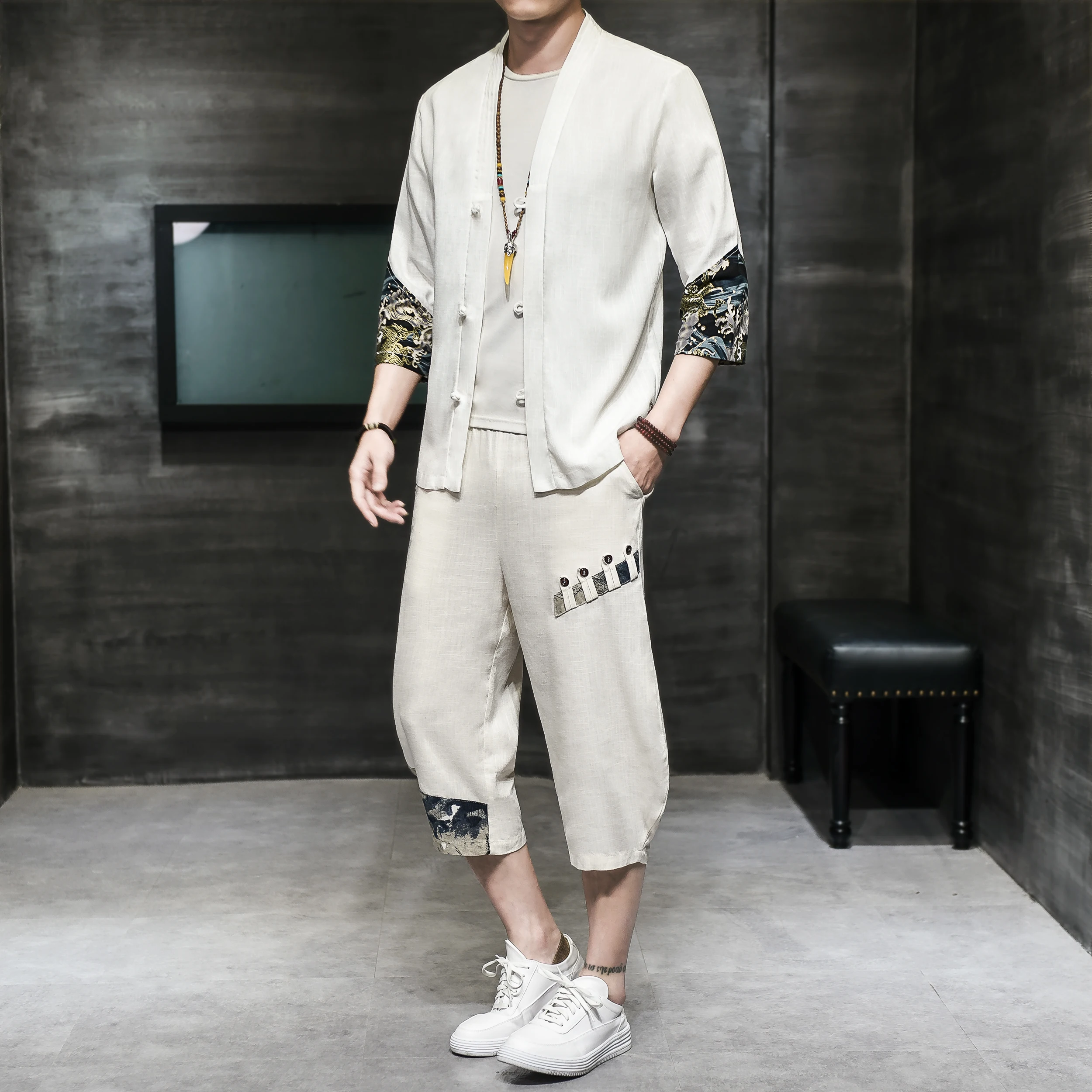 

Loldeal Men 3/4 Sleeve Shirt Set Chinese Style Cotton and Linen Stitching V-neck Tang Suit + Shorts