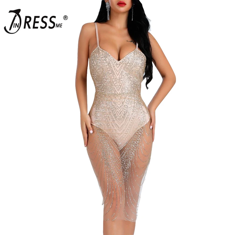 Женское блестящее платье INDRESSME Сетчатое полупрозрачное облегающее миди с