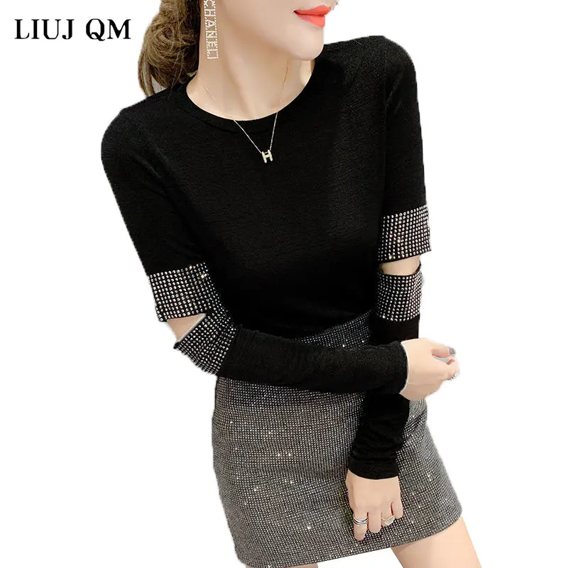 

2020 New Summer Fashion Hot Drilling Hole Short Sleeve Tshirts For Women Solid Color All-match Loose Black Feminine Tops 234