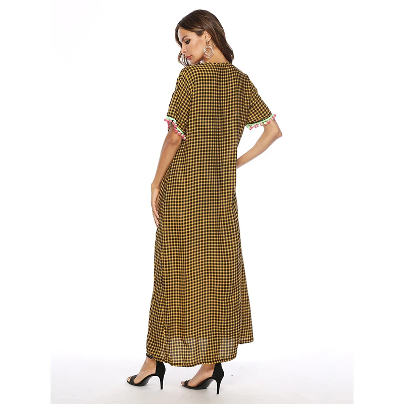 

New Muslim Dress Islamic Turkey Fashion Women's Dubai Tassel Applique Short Sleeve Arab Middle East Round Neck Dress Moroccan