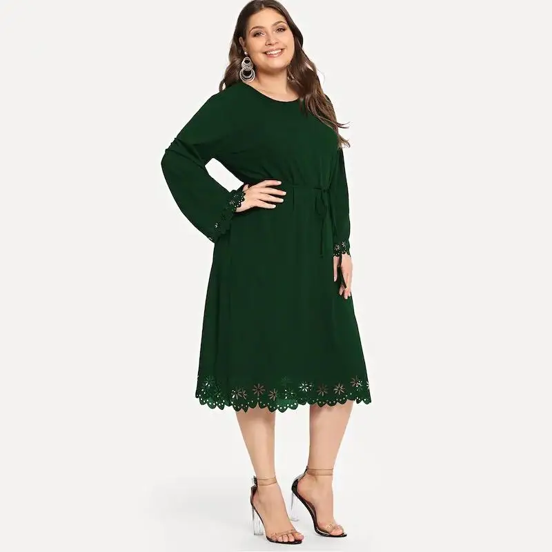 

4XL 2019 Autumn Plus Size Office Dress Women Casual Long Sleeve Hollow Out Dress Solid Female Large Size Long Party Work Dress