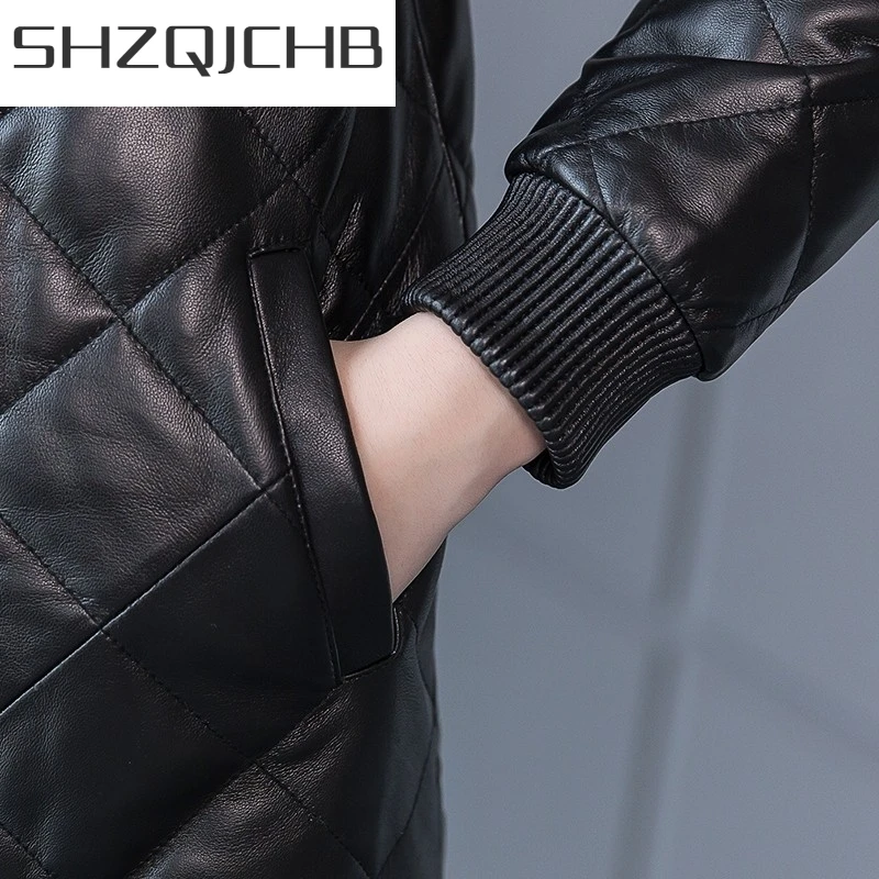 

JCHB 2021 New Women Slim Fit Zipper Rhombus Long Down Jacket Real Sheepskin Trench Coat Winter Warm Stand Collar Genuine Leather