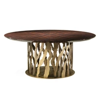 new style modern brown round solid wood high glossy dining table luxury wood top stainless steel gold base dining table