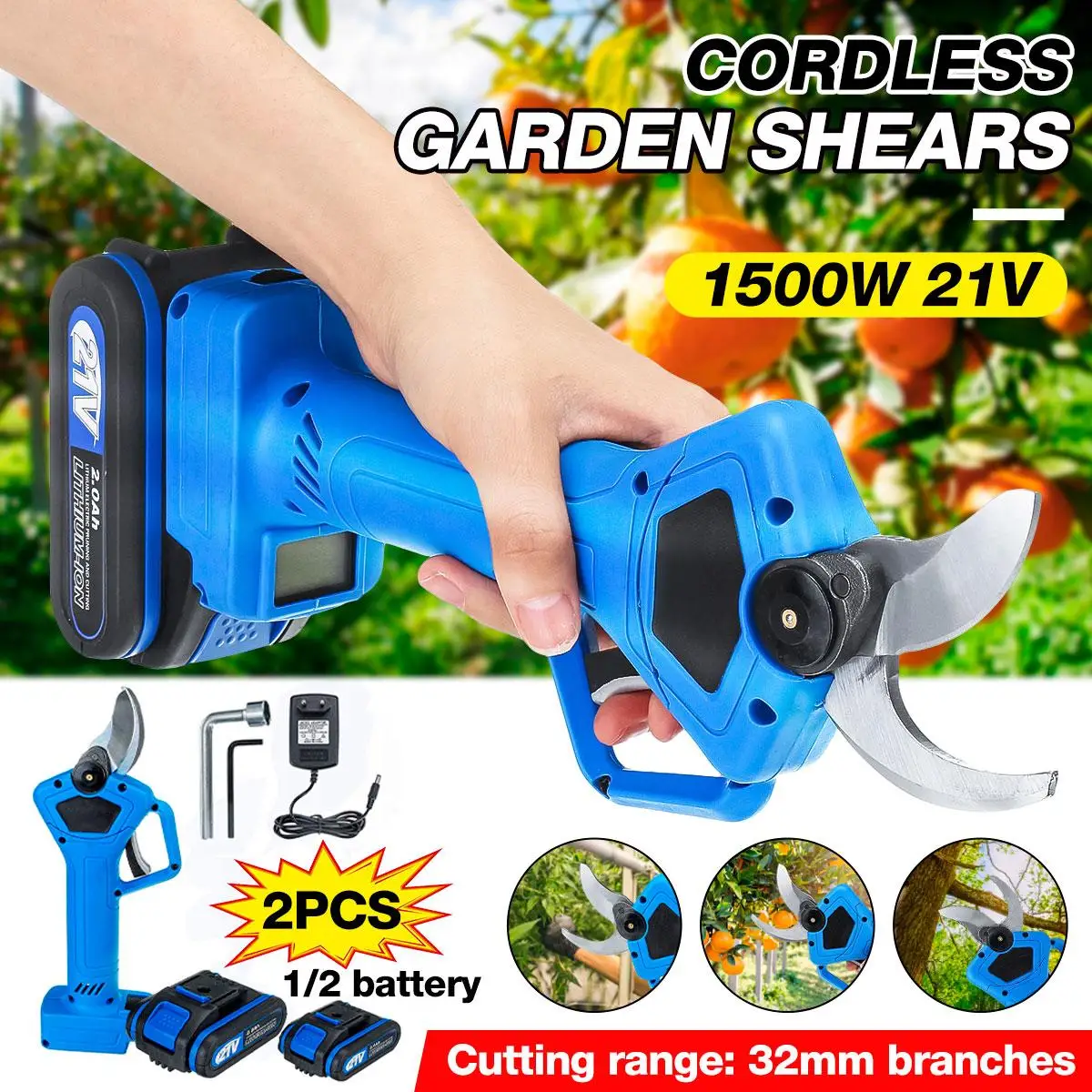 

1500W Electric Pruning Scissors with 21V Battery Rechargeable Pruning Shears Garden Pruner Secateur Branch Cutter Cutting Tools