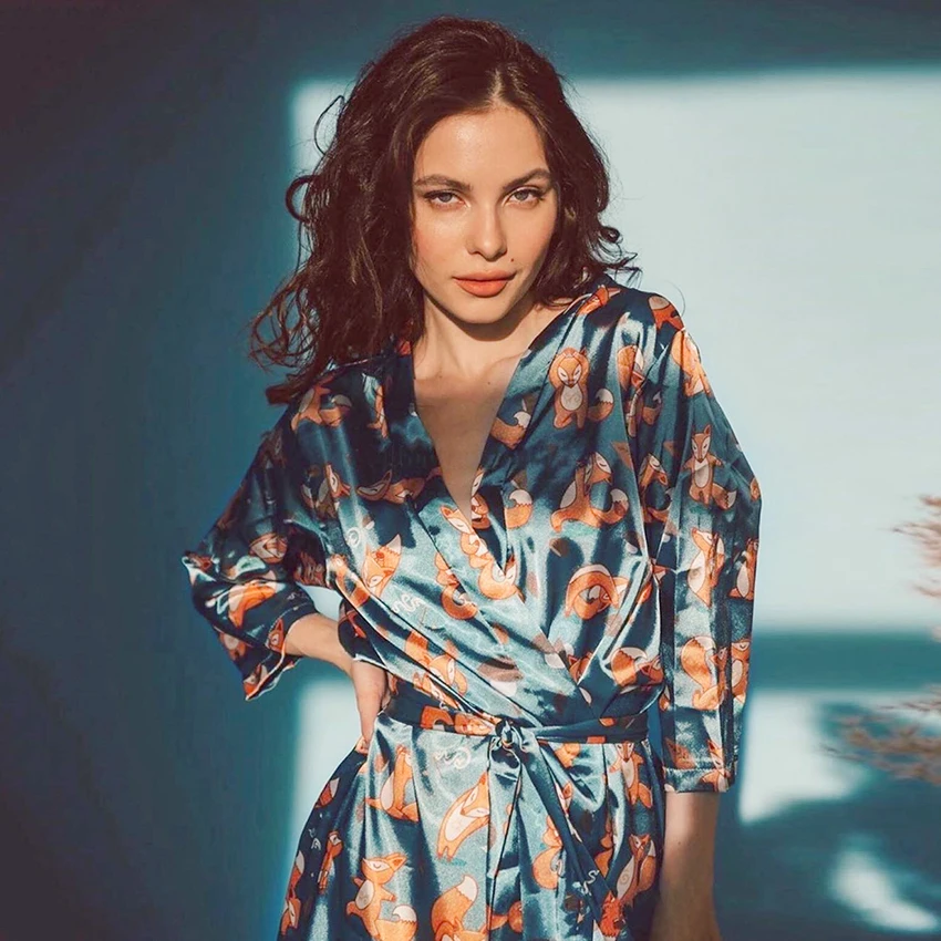 Пижама женская с принтом в виде лисы поясом и рукавом три четверти | Женская