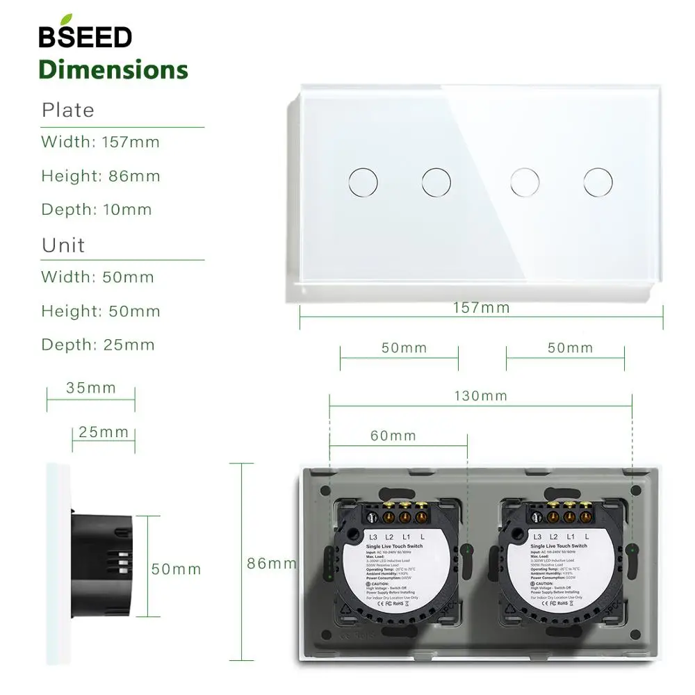 Настенный сенсорный выключатель Bseed переключатель с двумя клавишами 4 клавиши 1
