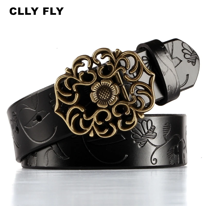 

Women Genuine Leather Belts Fashion Vintage Luxury Floral Buckle Carved Belts Female High Quality Cowskin Belt strap For Men