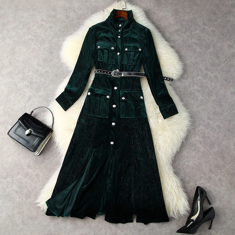 

Женское бархатное платье с высокой талией, Длинная тонкая юбка-рубашка с золотым карманом и разрезом, модель t12573 на осень и зиму, 2021