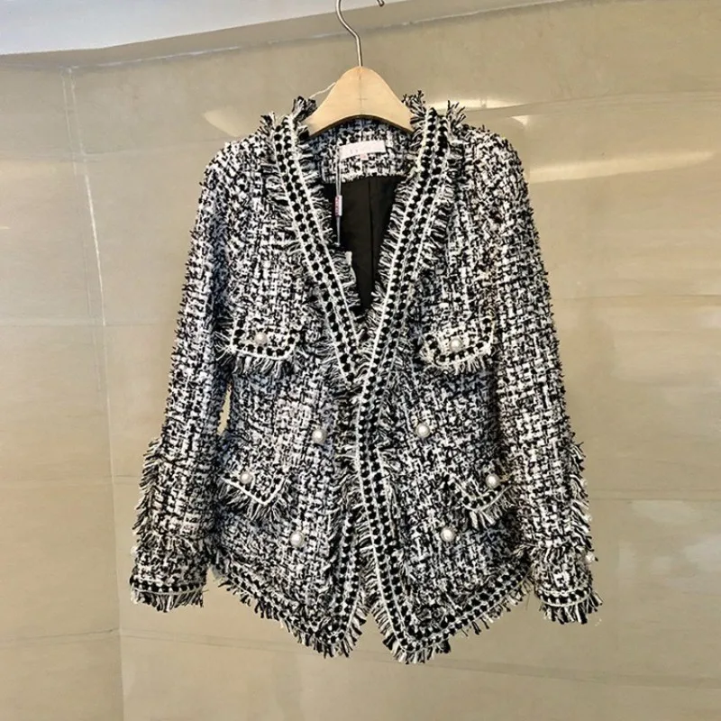 Elegant Ladies Long Sleeve Pearls Double Breasted V-Neck Jackets Fashion Qualities Tassel Slim Womens Formal Party Wear Coats | Женская