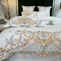 luxury europe 60s sanding satin egyptian cotton gold fine embroidery bedding set duvet cover bed sheet pillowcases home textiles