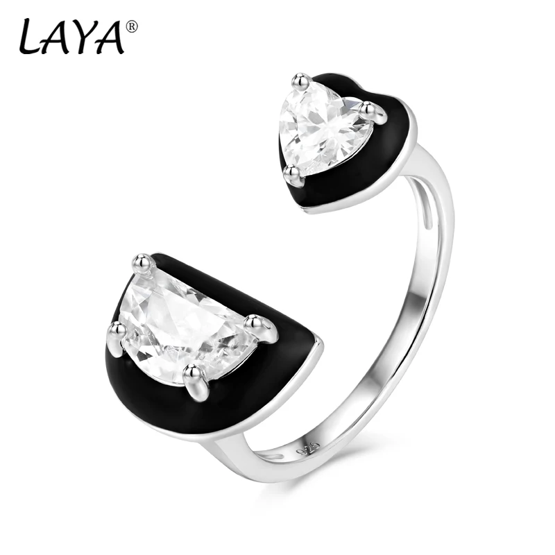 

Laya Silver Open Ring For Women Pure 925 Sterling Silver Heart-shaped Moon-shaped Created Crystal Glass Black Enamel Jewelry