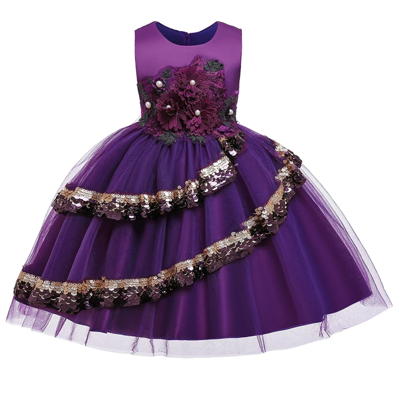 Purple Коллекция года, новогодний костюм платье с цветочным узором для девочек на день рождения платье принцессы Детские платья для девочек, одежда Вечерние платья для свадьбы для детей возрастом от 3 до 10 лет - Цвет: Purple