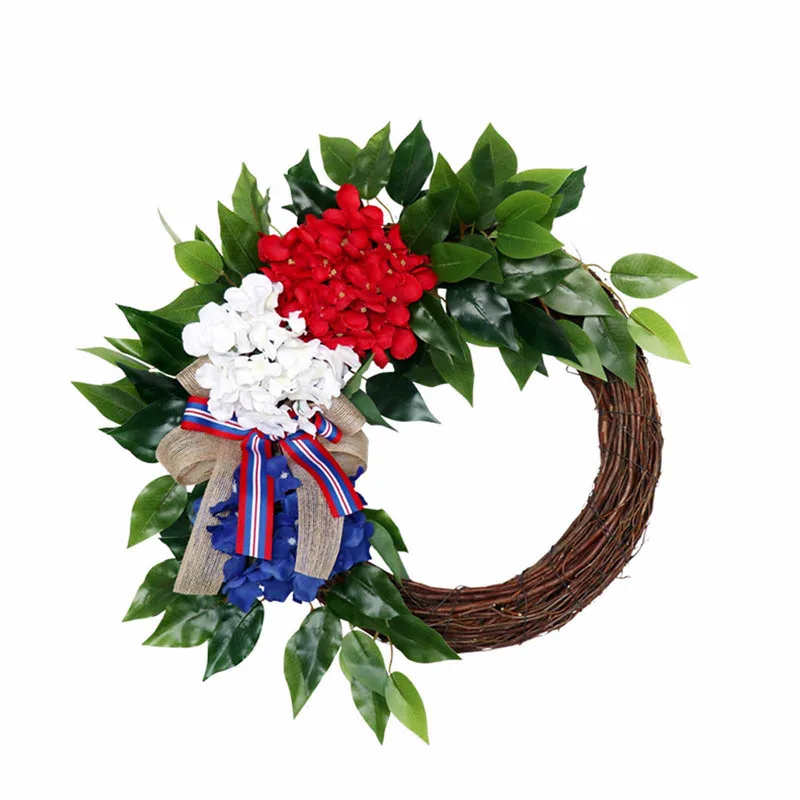 

4 июля венок патриотическая Гортензия венок с лентами и зелеными листьями для украшения входной двери американский День Независимости