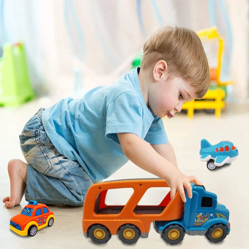 

City Transport Truck Cartoon Vehicles Friction Powered Car Carrier with Sounds and Flash Light Push Go Taxi and Airplane
