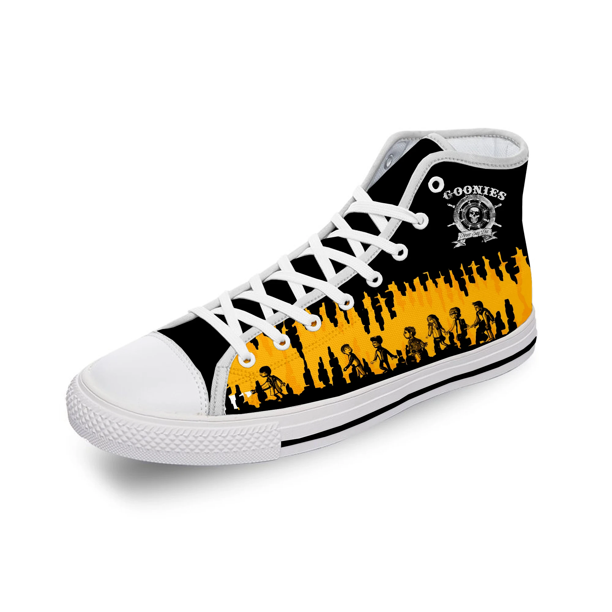 

Movie Goonies Never Say Die Cool White Cloth Fashion 3D Print High Top Canvas Shoes Men Women Lightweight Breathable Sneakers