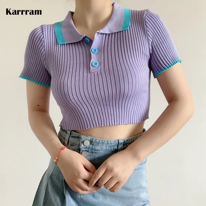 

Karrram Vintage Patchwork Color Contrast T Shirt Women Button Up Short Sleeve Knitted Polo Tee Shirt Turn-down Collar Crop Tops