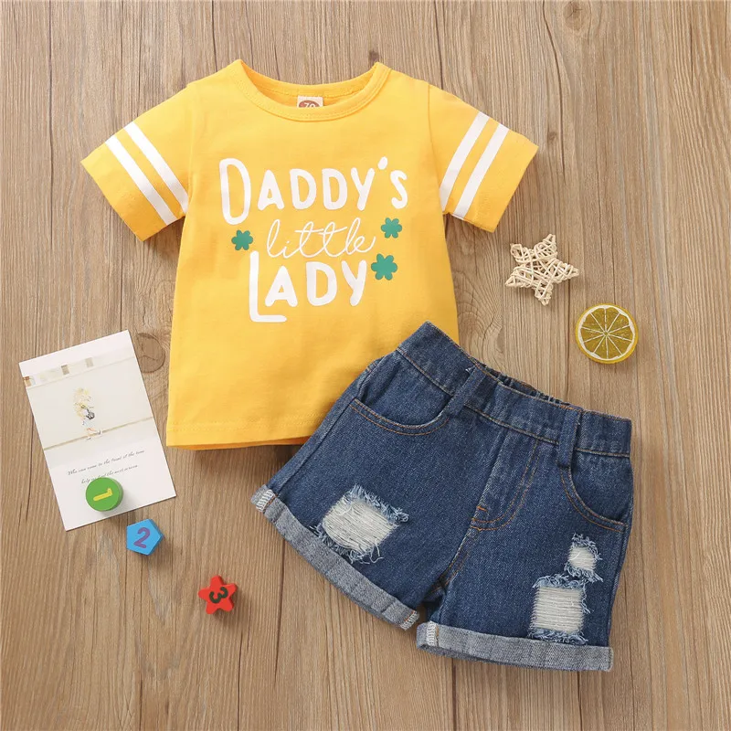 

Детский хлопковый комплект одежды для девочек, футболка с принтом букв и джинсовые шорты, 2021