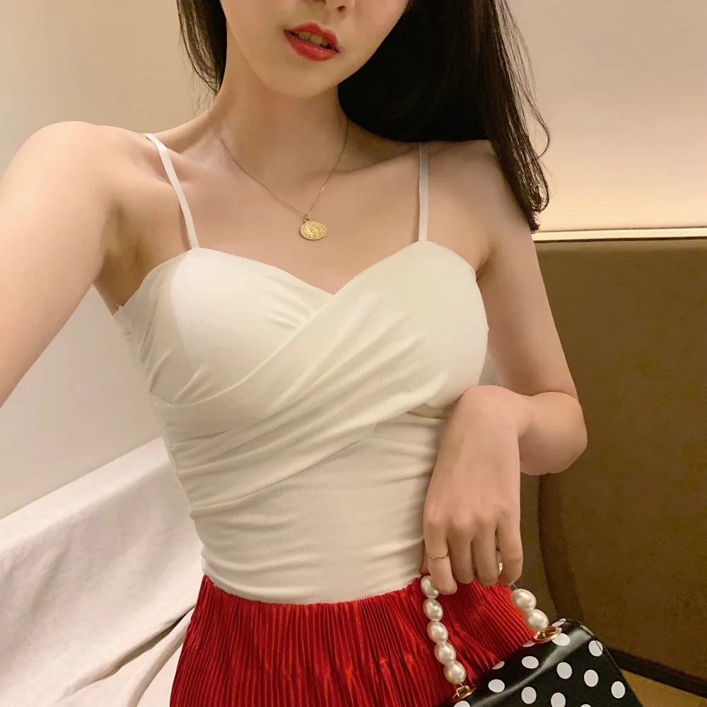 

New Popularity Women's clothing Sling girl Leisure bottoming shirt Beauty back Solid color Vest With chest pad vest Tops woman