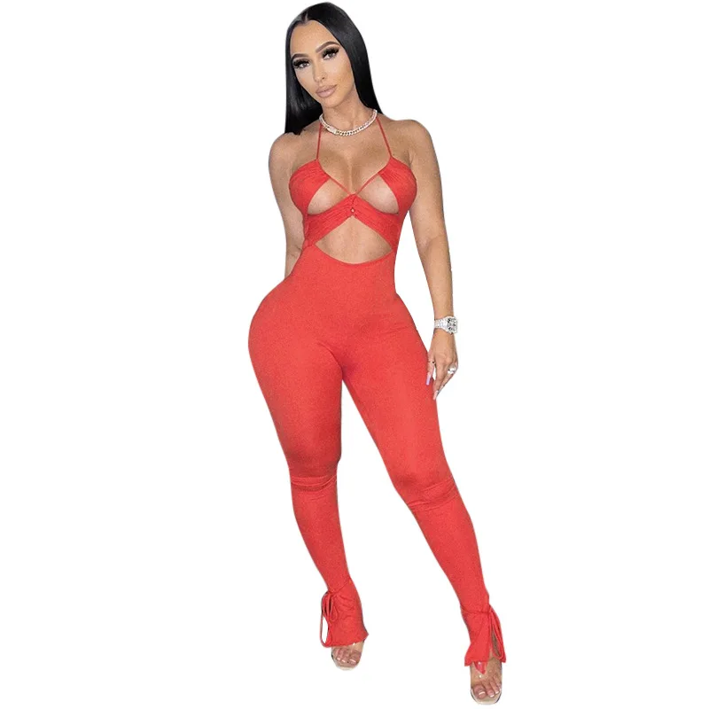 

2021 fashion women's summer solid color sleeveless drawstring strapless back slim trousers jumpsuit