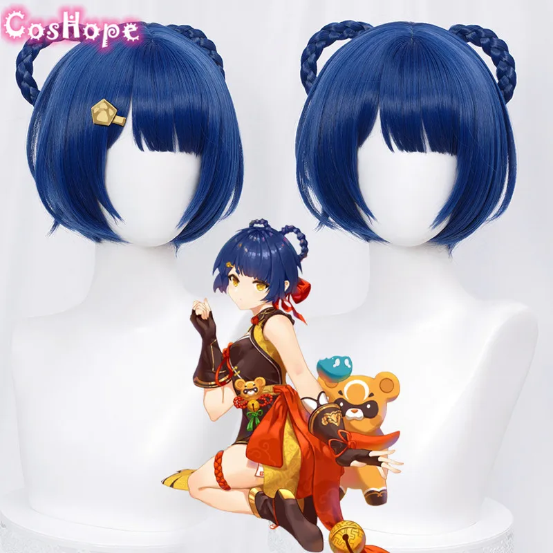 Парик для косплея Genshin Impact Xiangling, 30 см, короткий, темно-синий, парик для косплея аниме, термостойкие синтетические парики, Хэллоуин