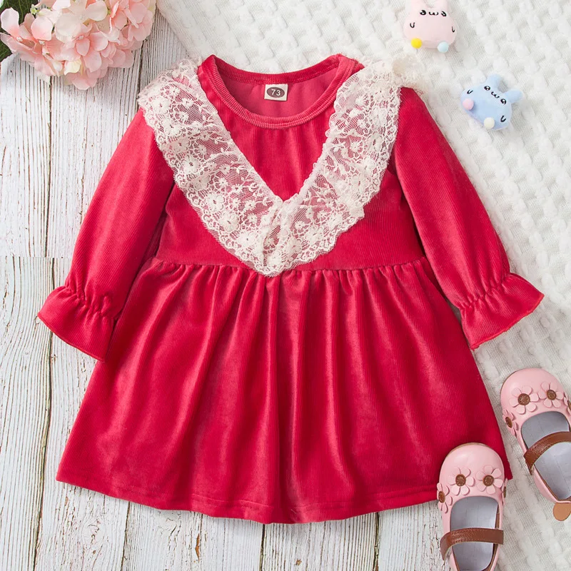 

2022 Spring Girls Princess Dress Lace Patchwork Sweet Baby Kids Dresses New Fashion Children Clothes