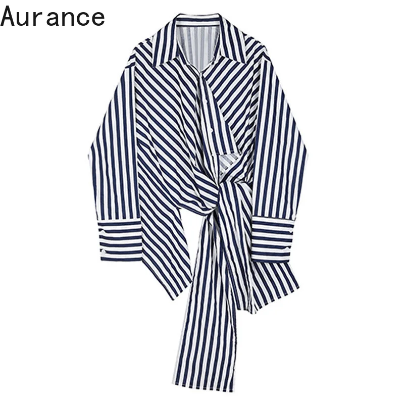 

[Aurance] Women Korean Fashion Blue Striped Irregular Long Blouse New Lapel Long Sleeve Loose Fit Shirt Tide Spring Autumn 2021
