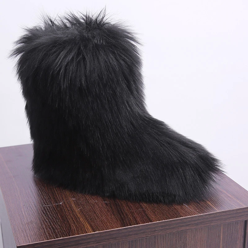 [DEAT] Round Toe Fur Spliced Personality Casual Velvet Shoes Women Short Snow Boots New Spring Autumn Fashion Tide 10E216 - Цвет: black