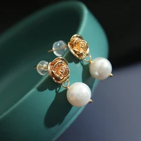 green purple fresh water white pearls metal flower vintage drop earrings for women anniversary 14k gold plated fashion jewelry