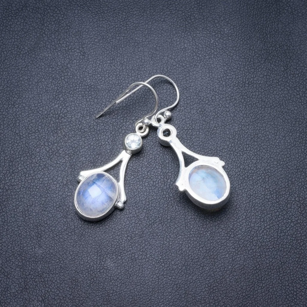 

Natural Rainbow Moonstone and Blue Topaz Handmade Unique 925 Sterling Silver Earrings 1.5" Y3140