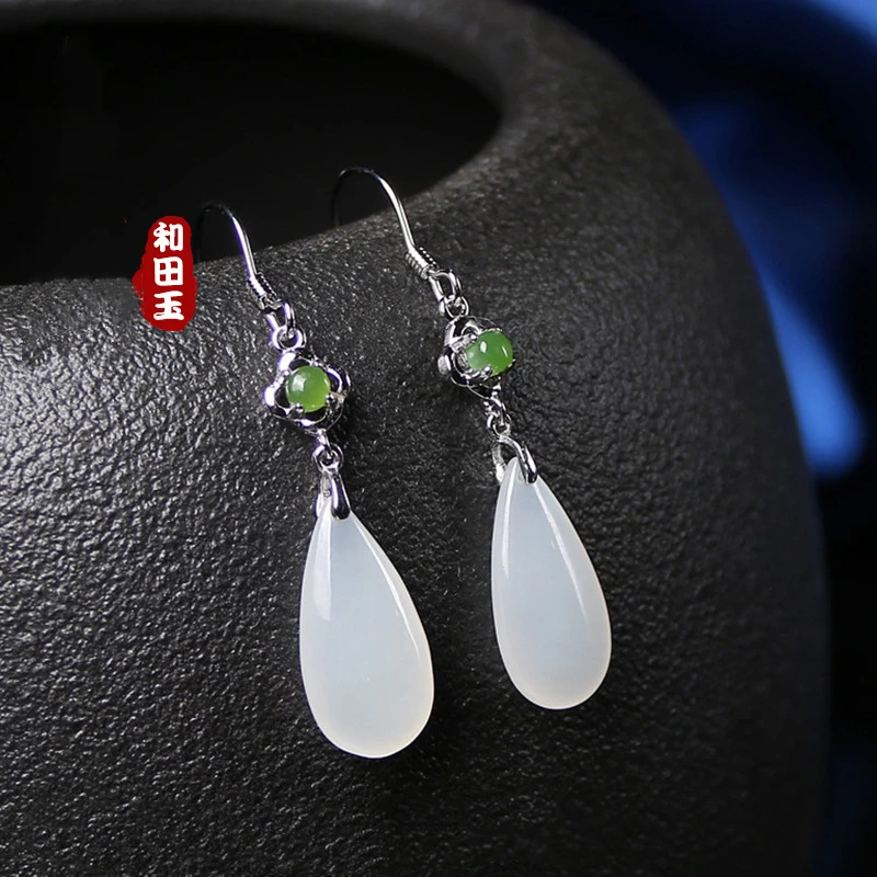 

Hetian white jade s925 silver drop earrings exquisite and moisturized jade noble atmosphere fashionable aristocratic jewelry0598