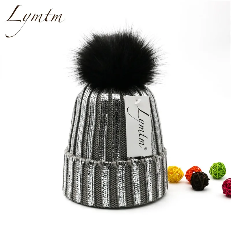 

2020 Winter Metallic Knitted 13CM Pompom Beanie Hat Women Fashion Faux Fur Pom pom Bronze Warm Knit Hats Girls Beanies Caps