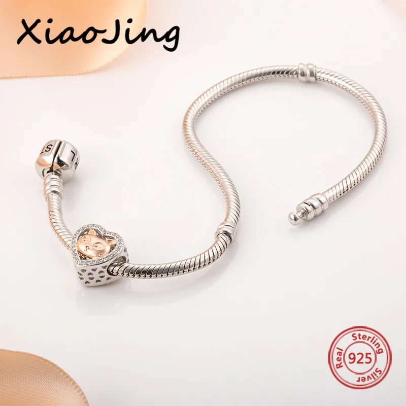 XiaoJing, 925, Серебряное сердце, розовое золото, бусина "Кошка", Шарм с фианитами, подходит для аутентичных браслетов pandora, сделай сам, ювелирное изделие для любимой, подарок