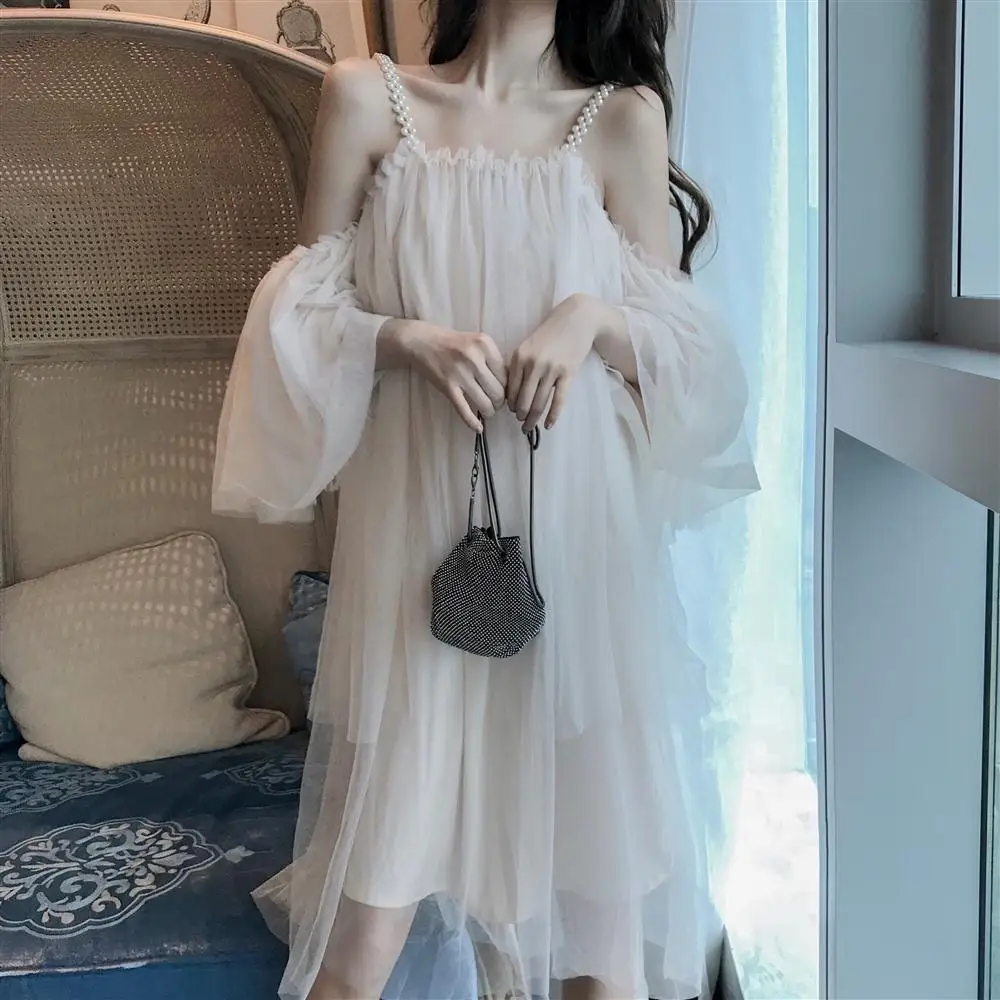 

Sweet Girly Style French Gentle Fairy Sexy Goddess Slash Neck Strapless Pearl Halter Mesh Dress Offiec Lady Elegant Prom Dress