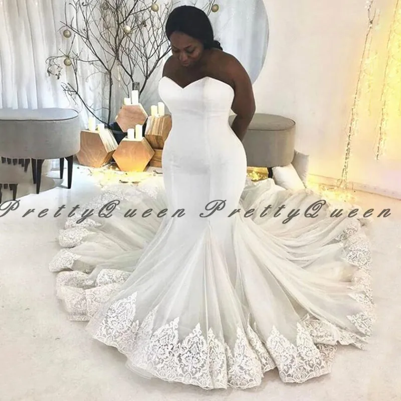 

Plus Size Women Lace Mermaid Wedding Dress With Appliques 2020 White Sweetheart Neck Long Court Train Bridal Dresses Vestidos