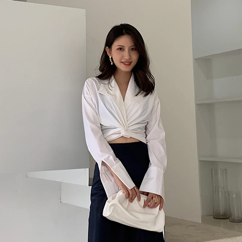 

ECRURANI Casual White Shirt For Women Lapel Long Sleeve Ruched Slim Designer Solid Shirts Female New 2021 Spring Fashionable