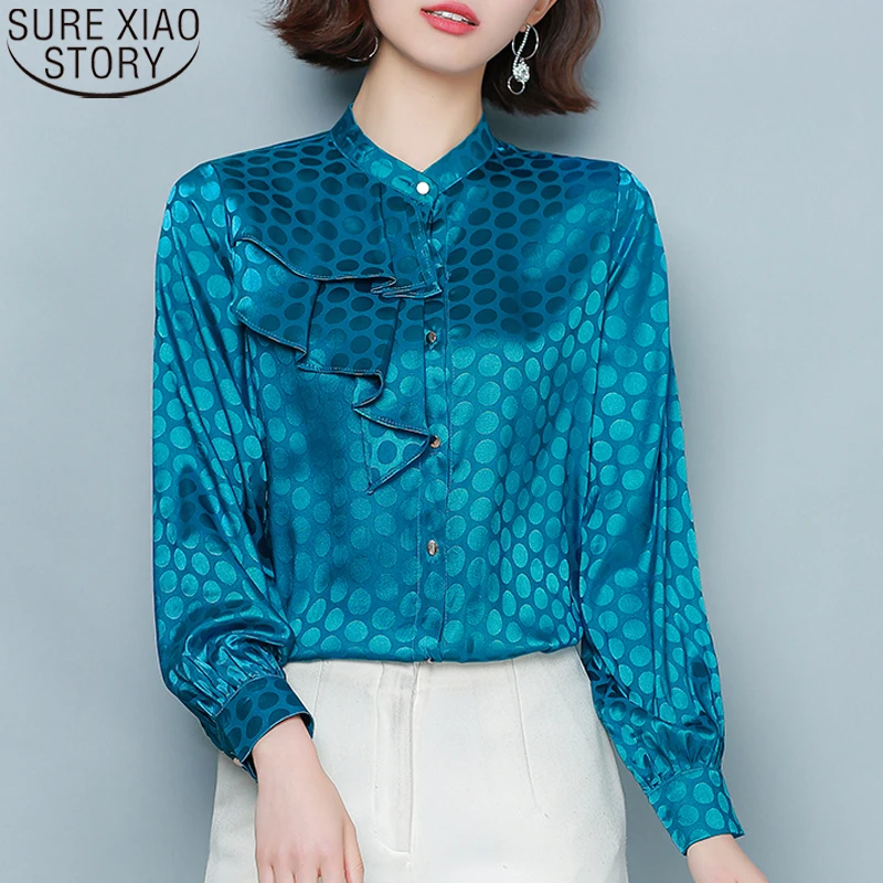 

Fashion Office Lady Shirt Dot Print Blouses Women Vintage Ruffles O-neck Long-Sleeve Shirt Women Cardigan Blusas Mujer 11007