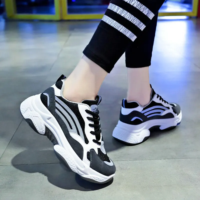 

Women Sneakers Reflective Breathable Thick Sole Women Shoes Black Dad Shoes Korean Spring Platform Sneakers Chaussures Femme
