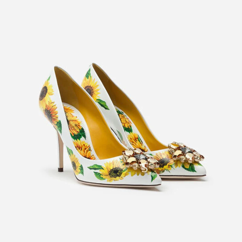 2019 осень принт подсолнечника из овечьей кожи Туфли на высоком каблуке с закрытым