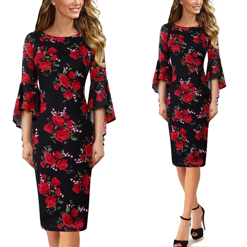 Black Red Flower Vfemage женское осеннее Элегантное Длинное расклешенное модное винтажное вечернее коктейльное облегающее платье-футляр с расклешенными рукавами 1703 - Цвет: Black Red Flower