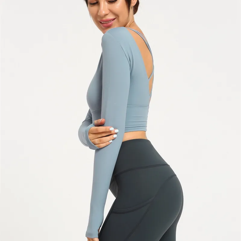 YIGE1953 blue Сзади крест Slim Fit спортивные шорты для занятия йогой для женщин с длинным рукавом Плюс Размер Топы Тренировки Фитнес короткий Модный Топ стиль футболки - Цвет: YIGE1953 blue