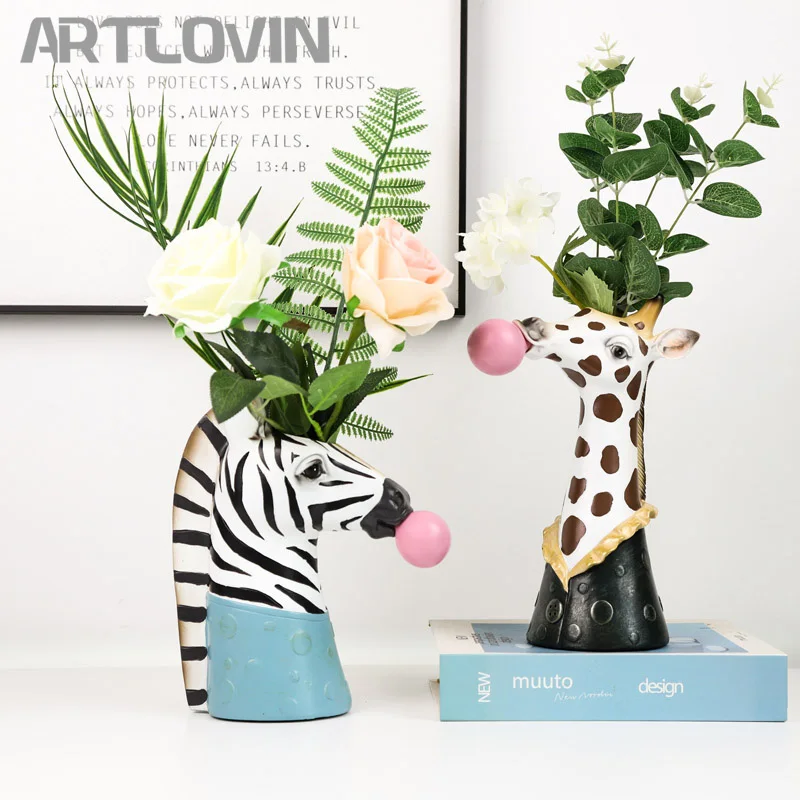 

New Modern Animal Head Succulent Vase Flower Pot Resin Hand Painting Giraffe/Zebra/Bear/Panda Blowing Bubbles Animal Bust Figure
