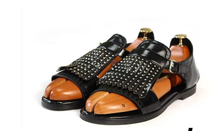 Сандалии мужские из натуральной кожи босоножки с заклепками бахромой и открытым