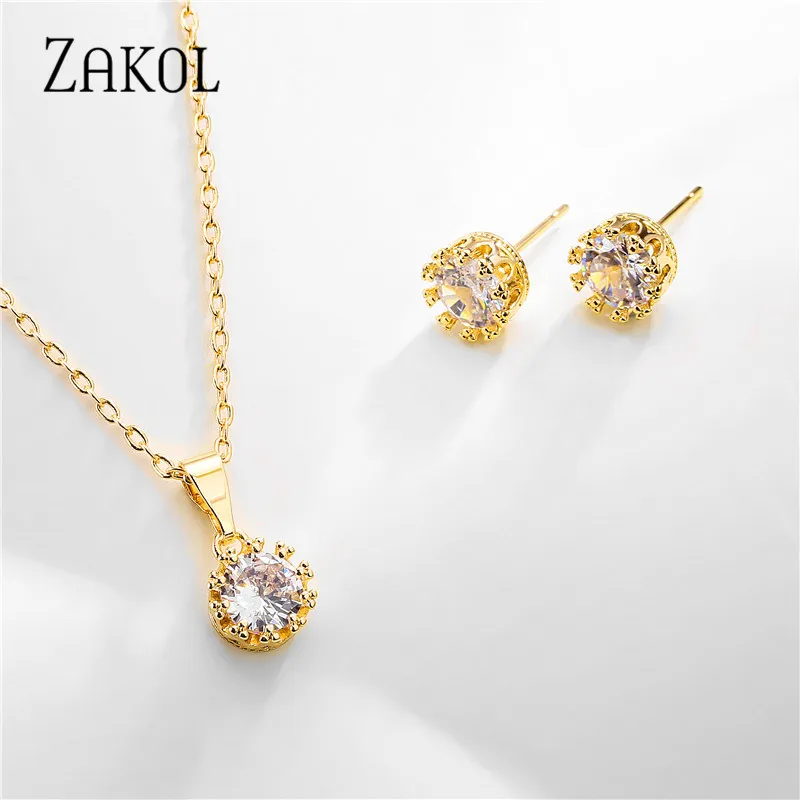ZAKOL модные классические блестящие круглые серьги-гвоздики с фианитом ожерелье