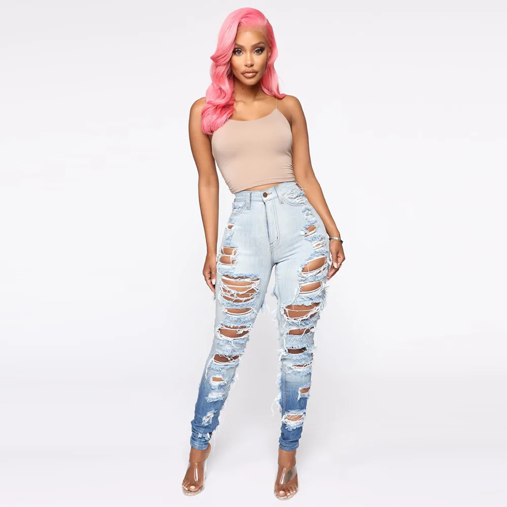 

Женские рваные джинсы с эффектом пуш-ап, повседневные брюки в полную длину с высокой талией, брюки из денима с градиентом, уличная одежда