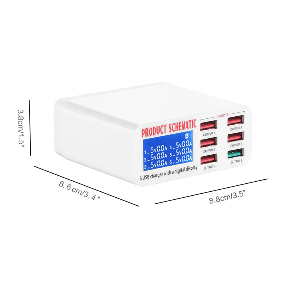 6-Port USB Smart Phone Charger LCD Large Screen Display Automatic Identification Voltage Current Mobile Phone Charging Station