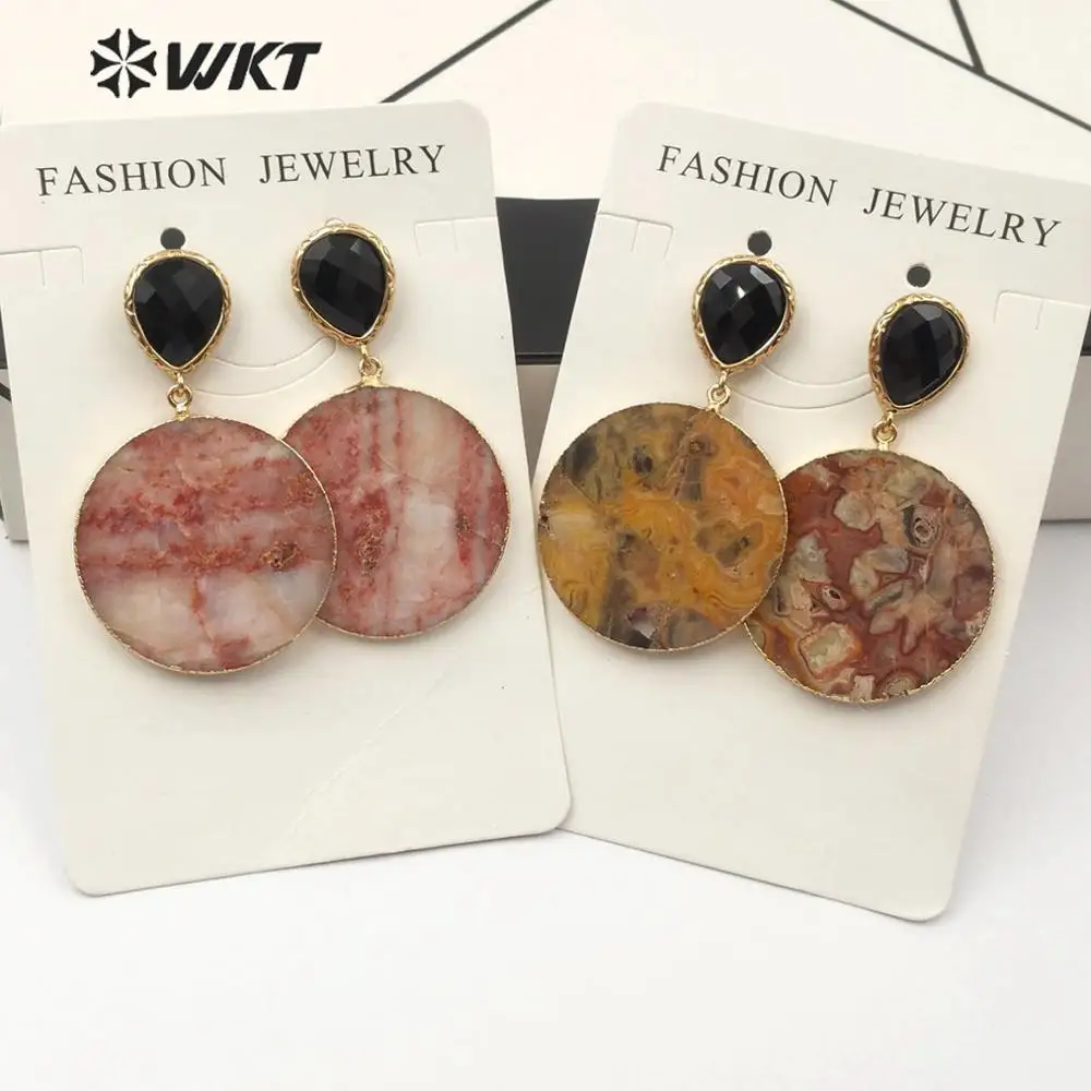 

WT-E562 WKT золотой ободок ломтик натуральный камень круговой несколько цветов серьги женские модные серьги ювелирные изделия