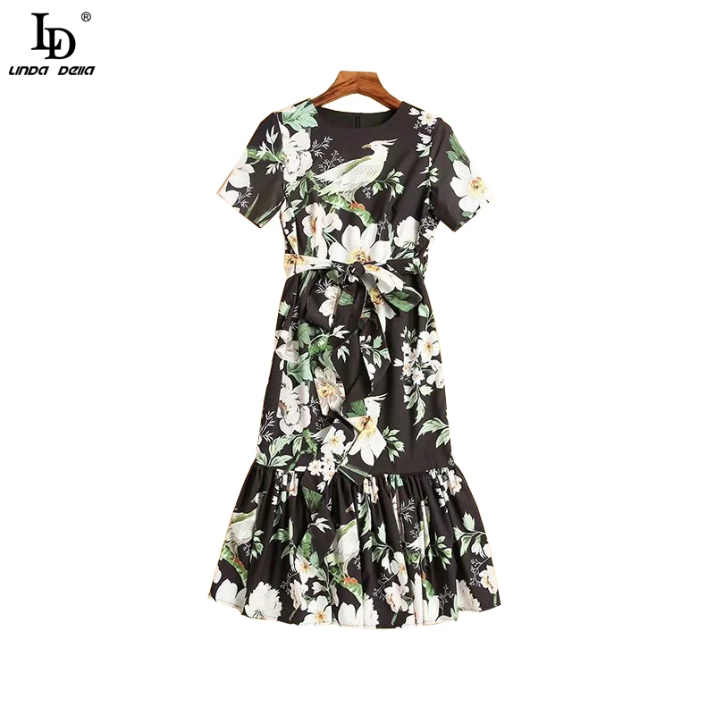 

LDLINDADELLA Summer Women Mermaid Dress Short Sleeve Bow Sashes Floral Print Elegant Bodycon Female Midi Dresses 2021 vestidos