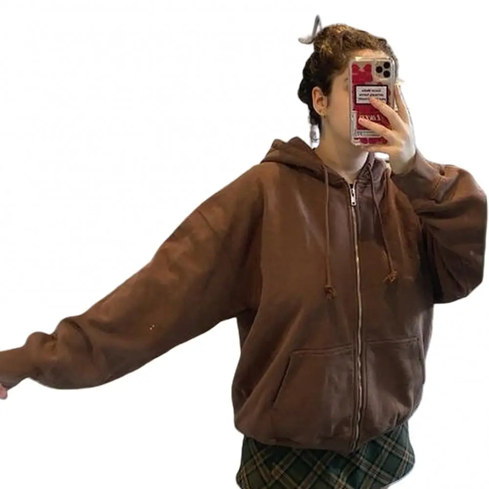 

Женское однотонное пальто с капюшоном, свободная куртка на молнии с длинным рукавом и большими карманами, верхняя одежда, осень-зима 2021